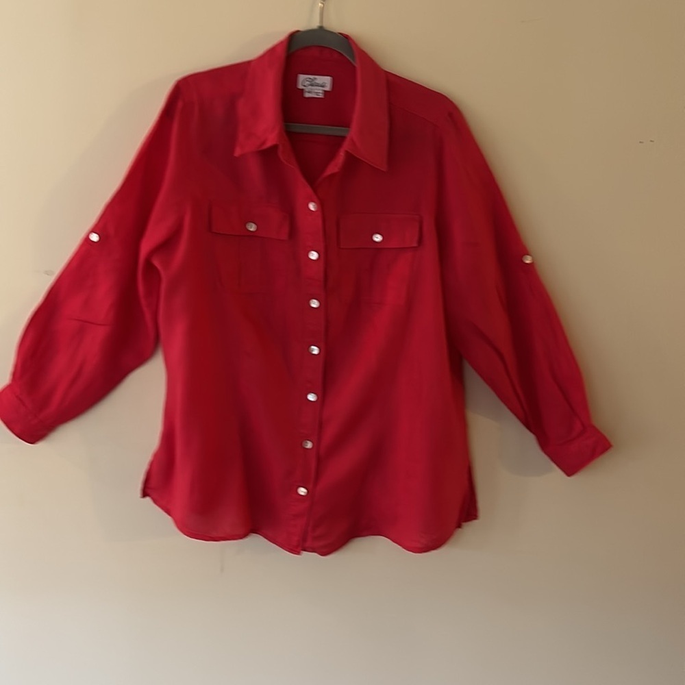 Chaus Dark Pink Button Down Shirt With Collar Long Sleeve 100% Linen Size 14W